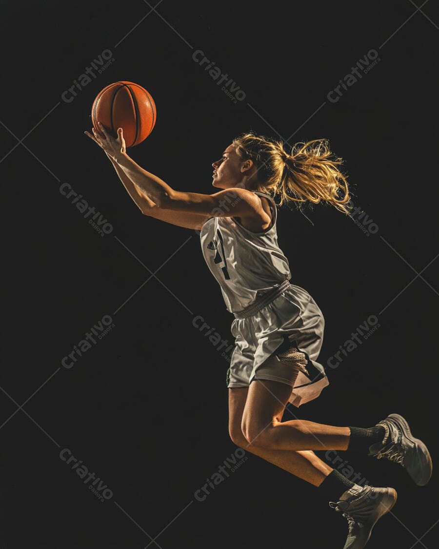 Jogadora de basquete loira pulando com bola laranja em ação dramática