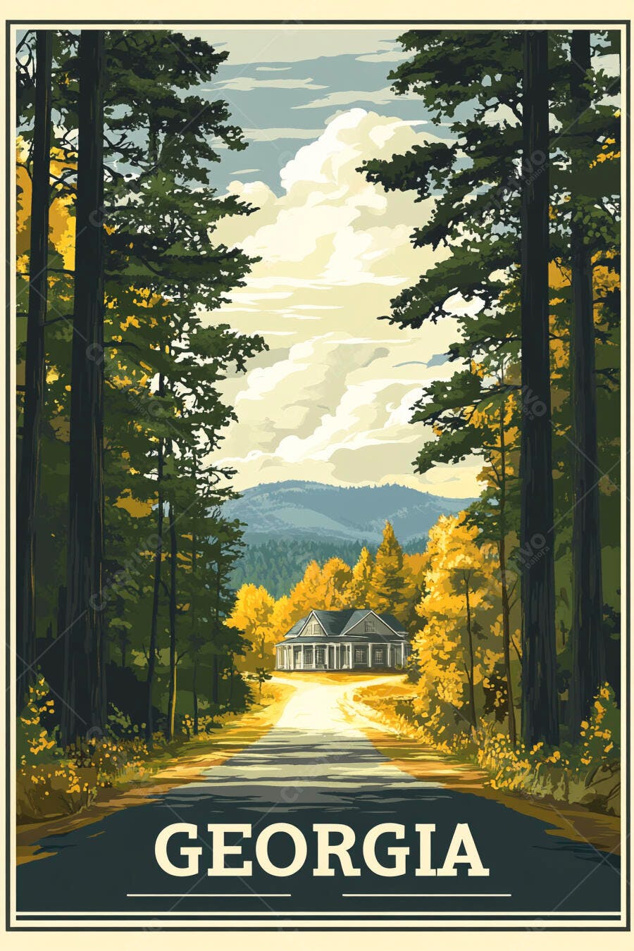 Paisagem outonal da Geórgia ilustrada com estrada e casa no campo