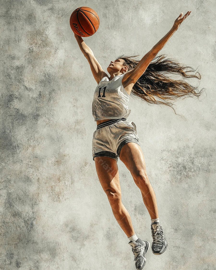Mulher atleta latina pulando com bola de basquete em fundo cinza claro