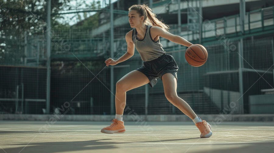 Mulher caucasiana esportista driblando basquete em quadra ao ar livre