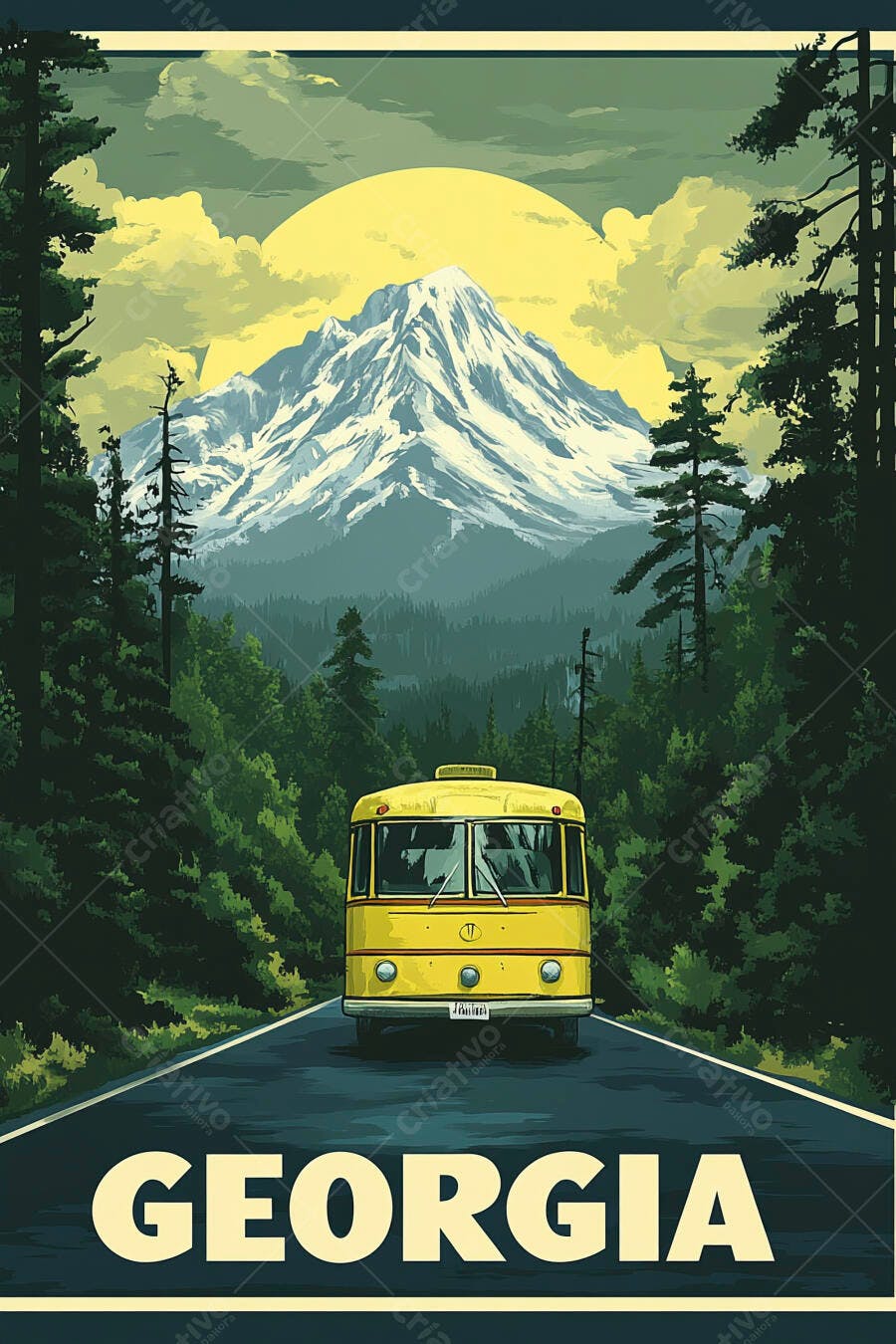 Ônibus amarelo vintage em estrada montanhosa na Geórgia EUA