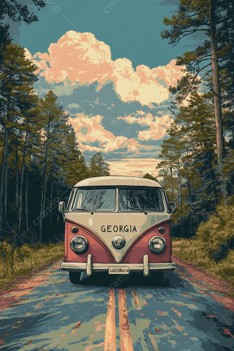 Kombi vintage vermelha e branca em estrada na floresta da Geórgia