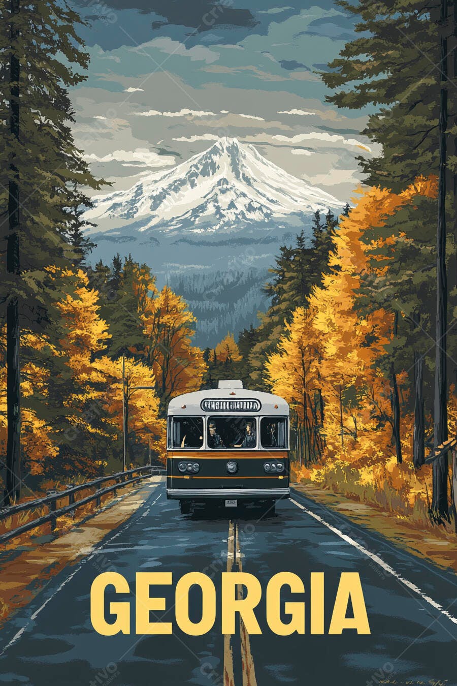 Onibus vintage viajando por estrada montanhosa na Georgia outonal