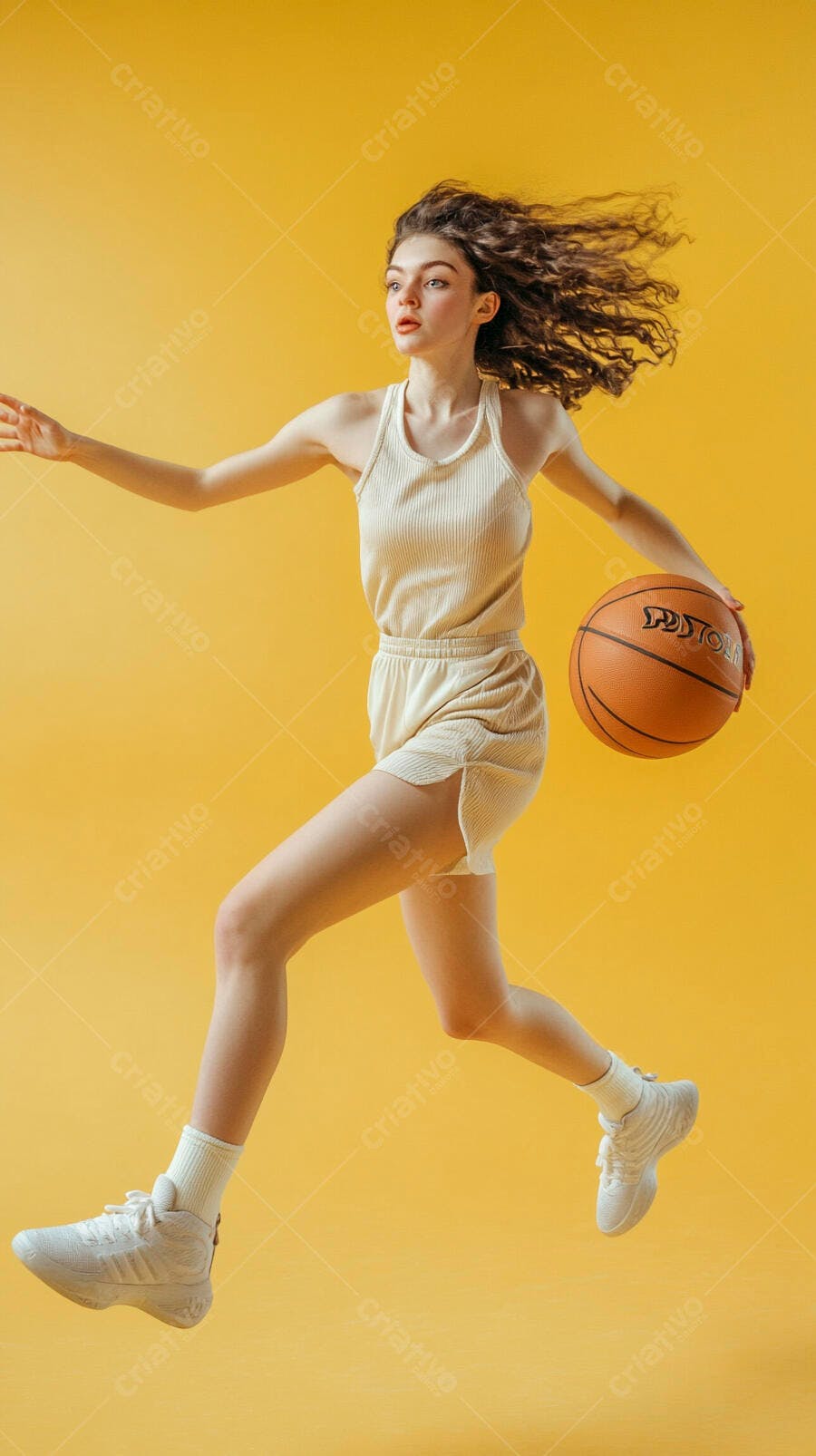 Mulher jovem atleta jogando basquete em roupas esportivas creme sobre fundo amarelo vibrante