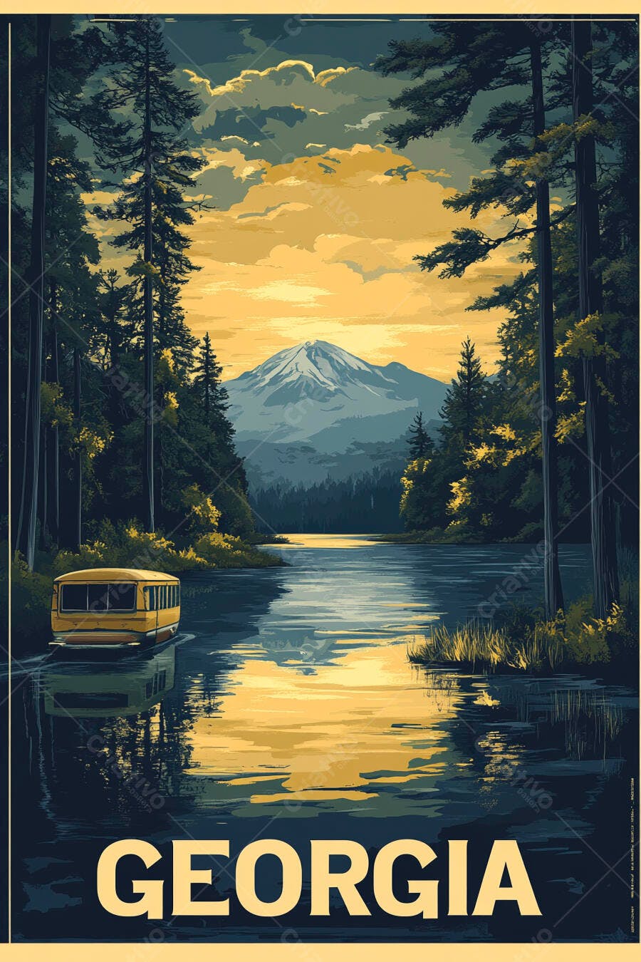 Ônibus amarelo em lago sereno com montanha e céu dourado Geórgia