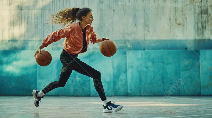Mulher atleta driblando duas bolas de basquete no treino urbano