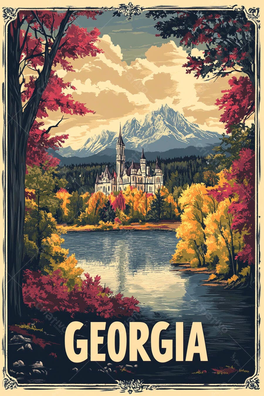 Castelo majestoso em lago com montanhas e outono vibrante na Geórgia ilustração