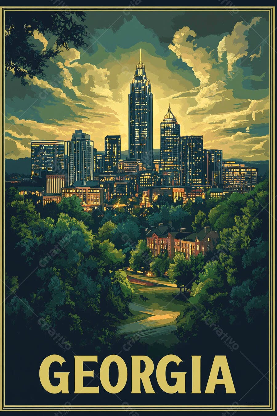 Skyline de Georgia com arranha-céus iluminados e parque ilustração estilo vintage
