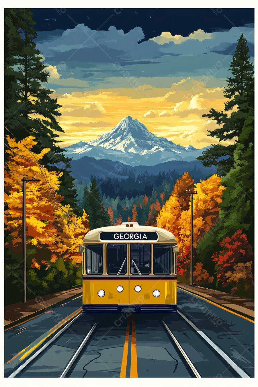 Bonde amarelo "Georgia" em estrada de outono com montanha nevada ao fundo