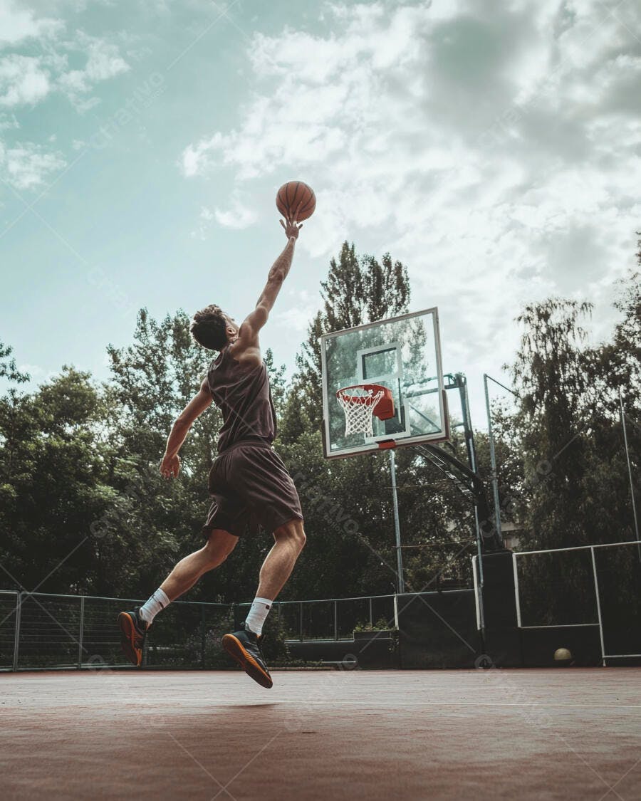 Jogador de basquete pulando para enterrar em quadra externa sob céu claro