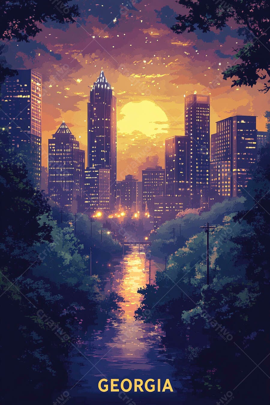 Pôr do sol laranja sobre o skyline de Atlanta Georgia rio e arranha-céus iluminados