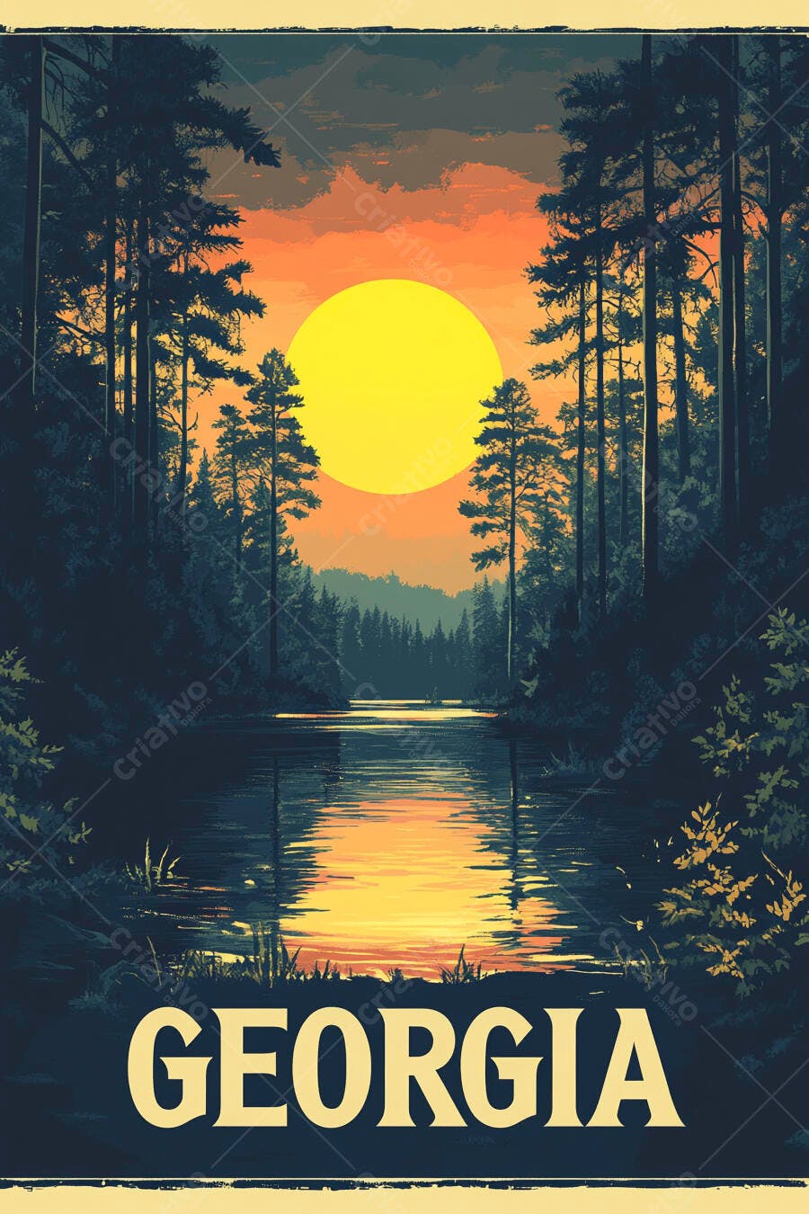 Lago floresta pôr do sol laranja com árvores altas e texto Georgia