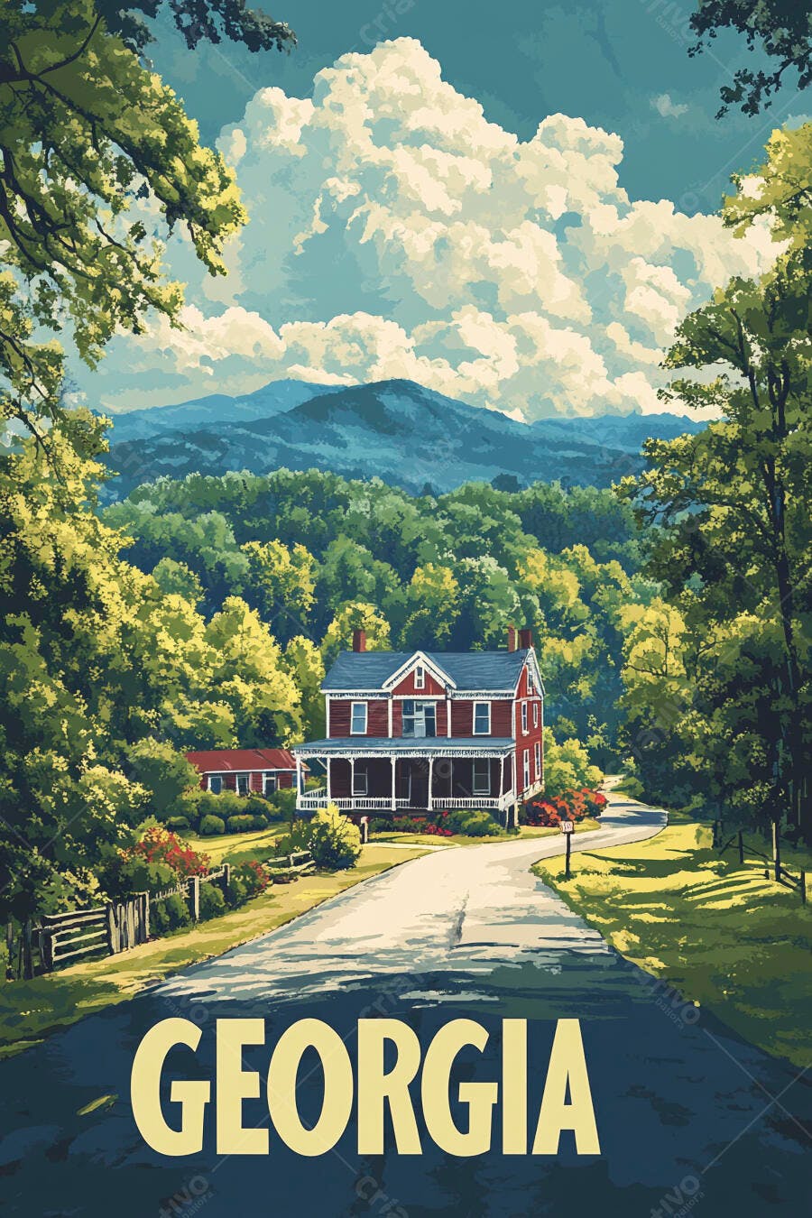Casa vermelha em paisagem rural montanhosa na Geórgia ilustração