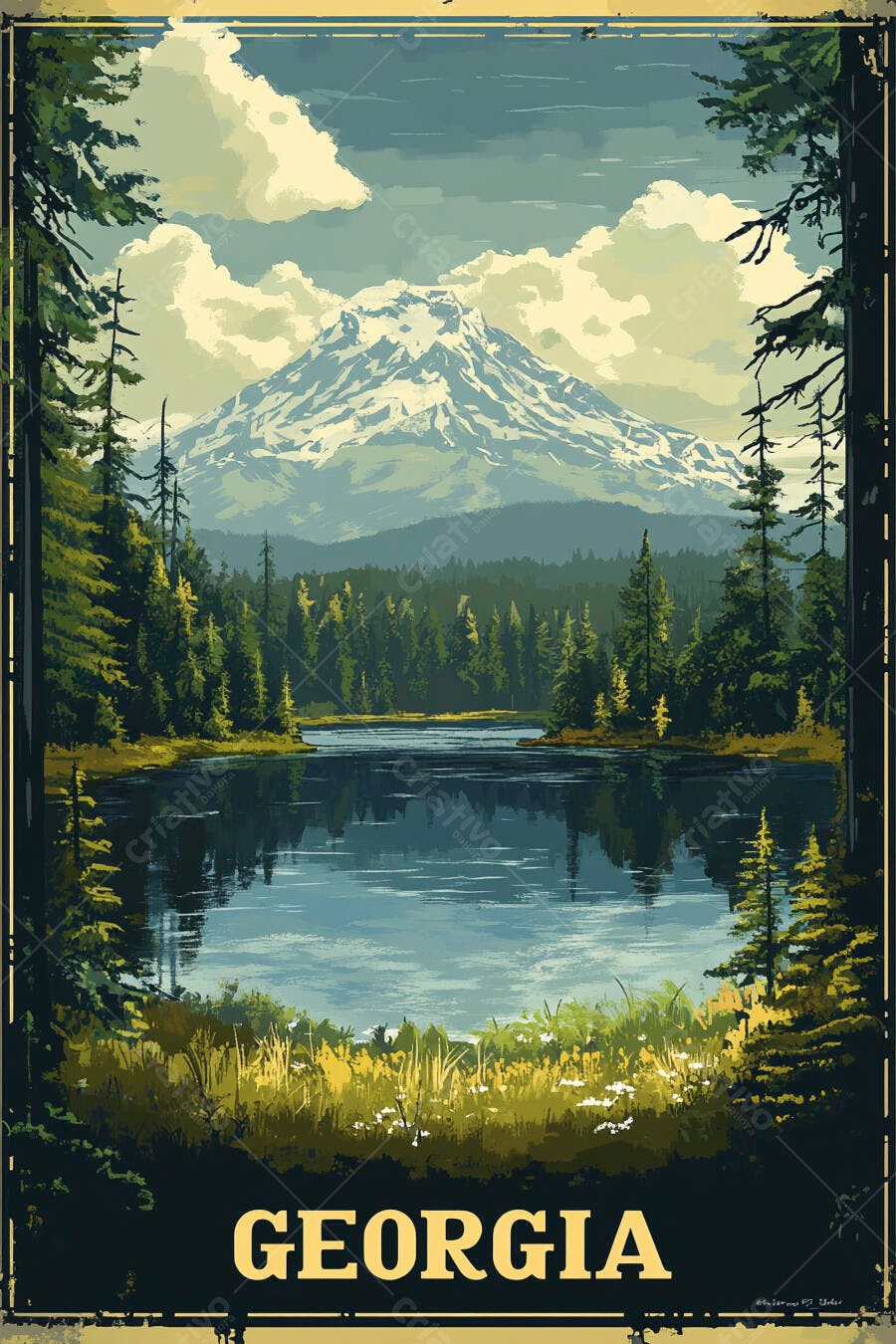 Ilustração montanhas nevadas lago floresta pinheiros verdes pôster vintage Georgia