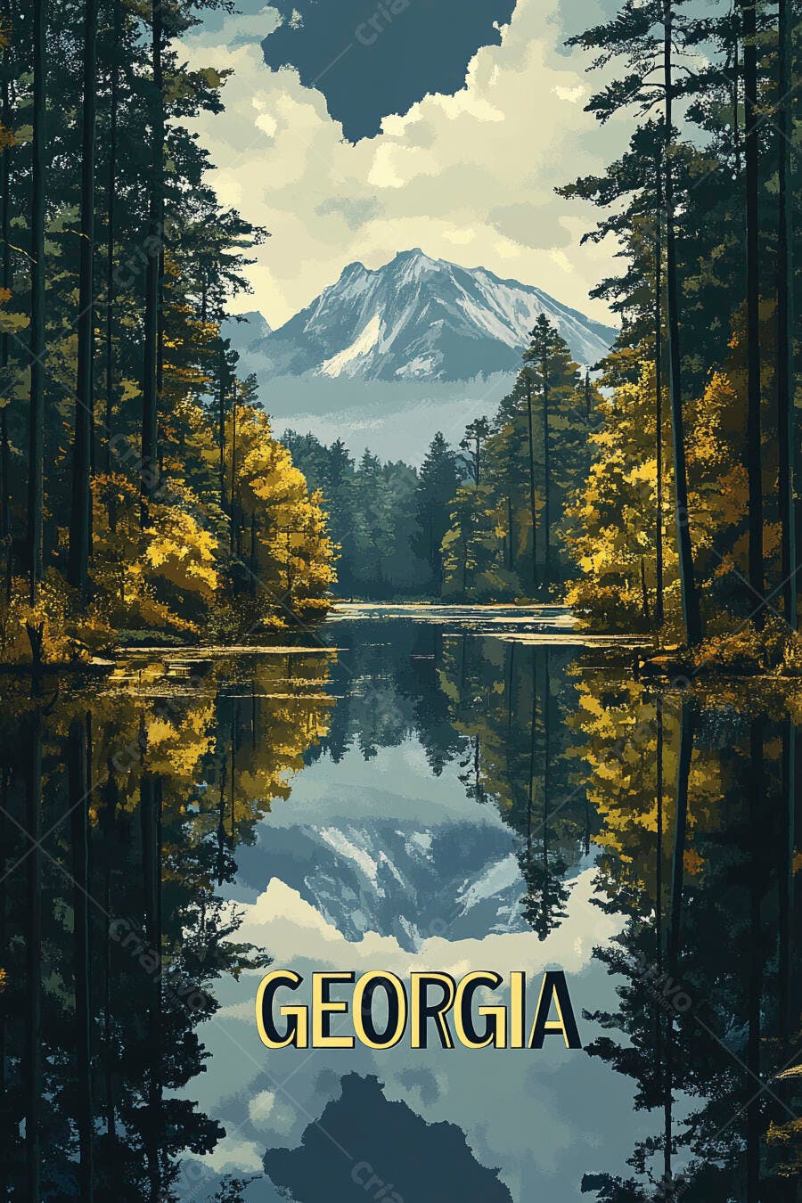 Geórgia paisagem montanhosa lago tranquilo e floresta outonal dourada