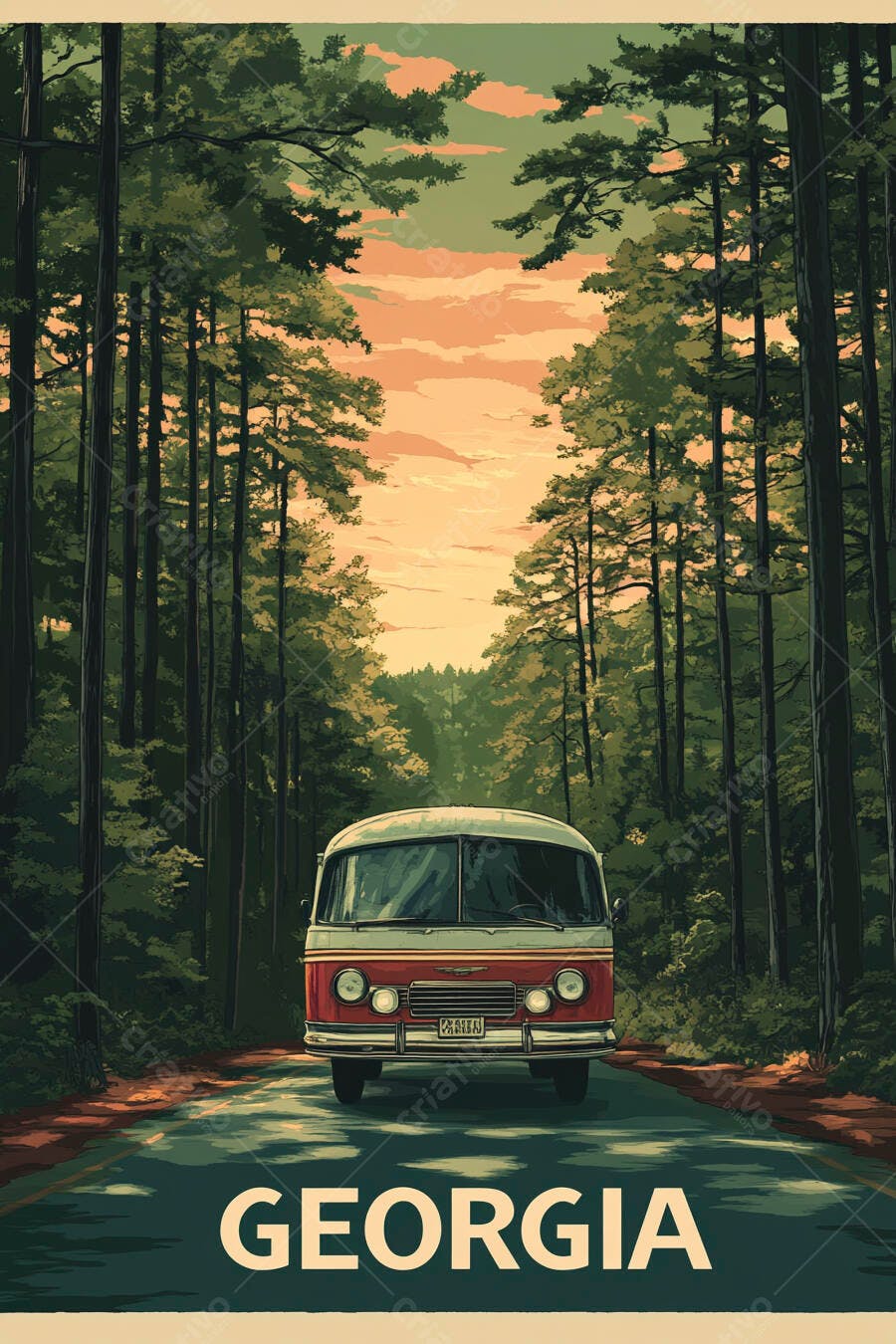 Ônibus vintage vermelho em estrada florestal Georgia ao pôr do sol