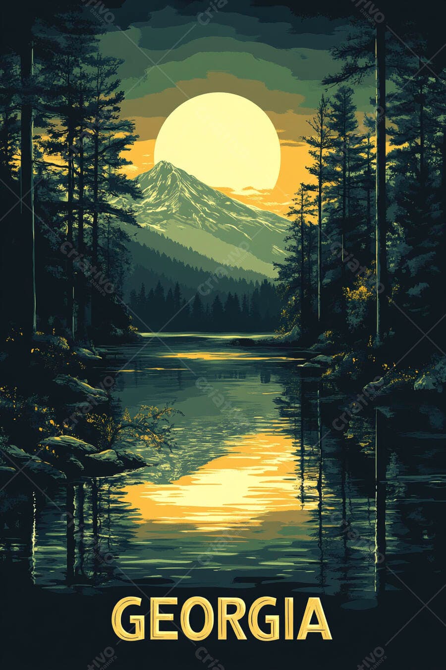 Poster Geórgia paisagem montanhosa com lago e pinheiros ao pôr do sol amarelo