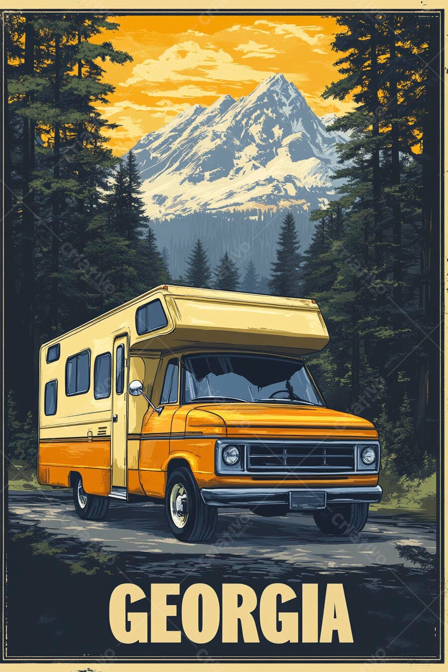 Motorhome laranja vintage acampamento nas montanhas da Geórgia ao pôr do sol