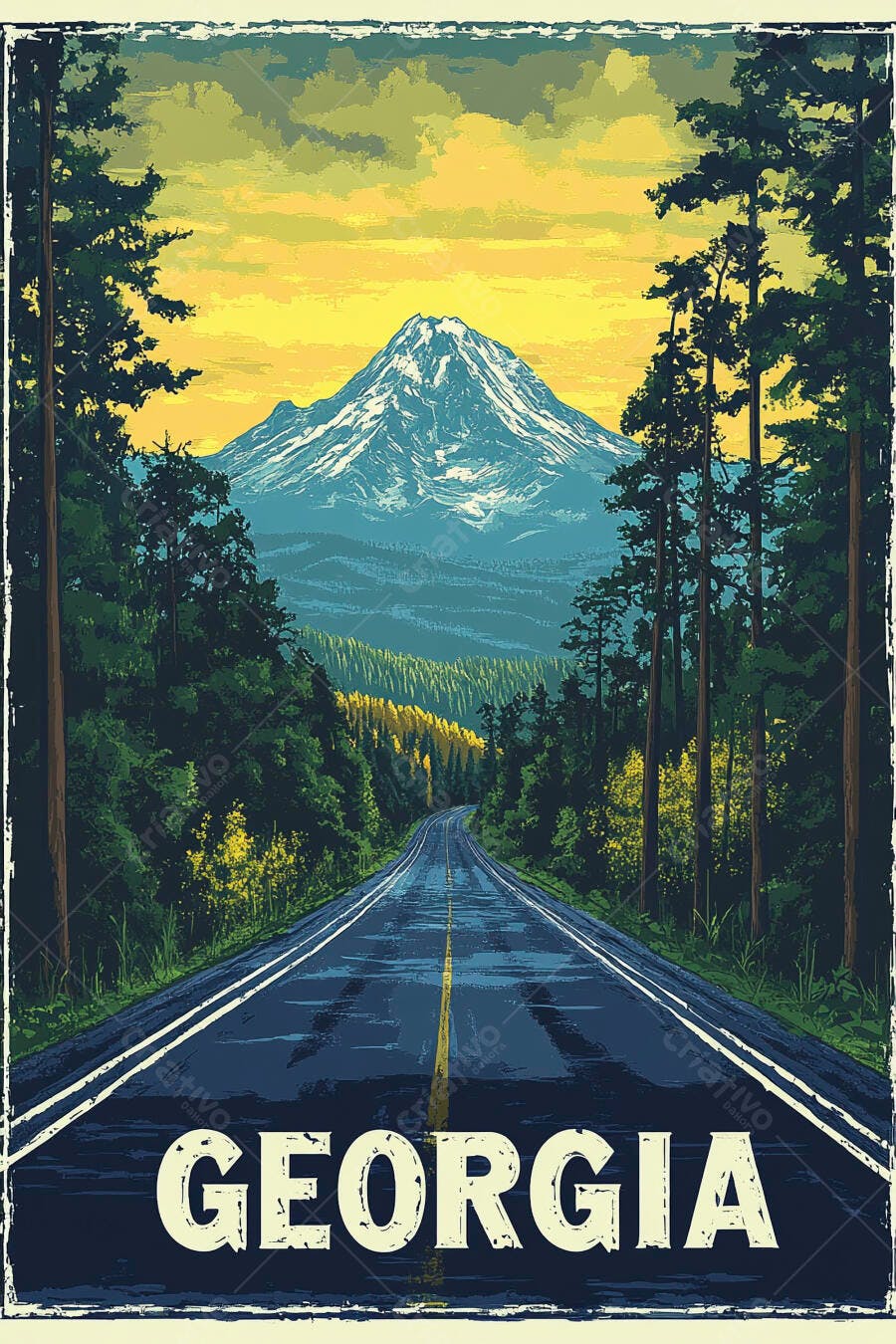 Pôster vintage Georgia estrada montanha floresta nascer do sol cores vibrantes arte