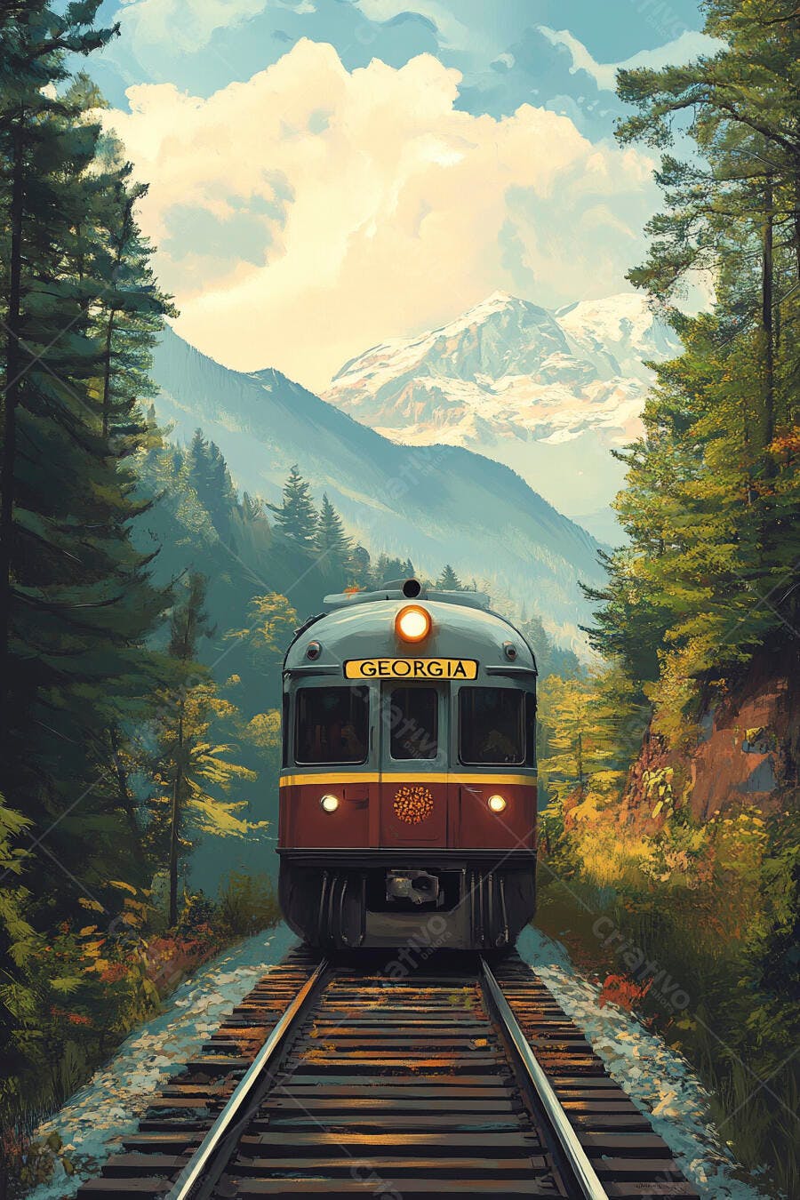 Trem vintage Georgia em trilhos de floresta com montanhas nevadas ao fundo