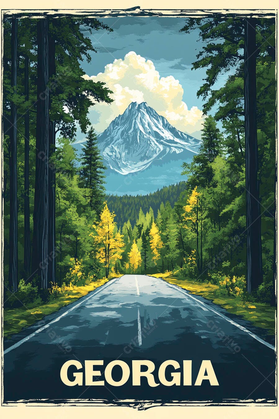 Montanha nevada e estrada cênica em floresta verde e amarela Geórgia