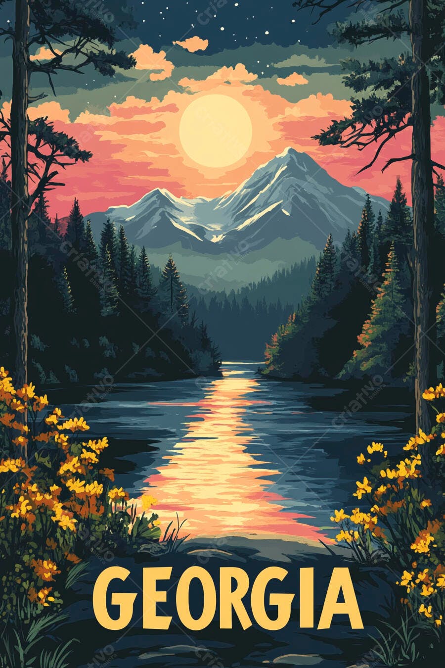 Montanhas da Geórgia com rio ao por do sol e pinheiros paisagem ilustrada