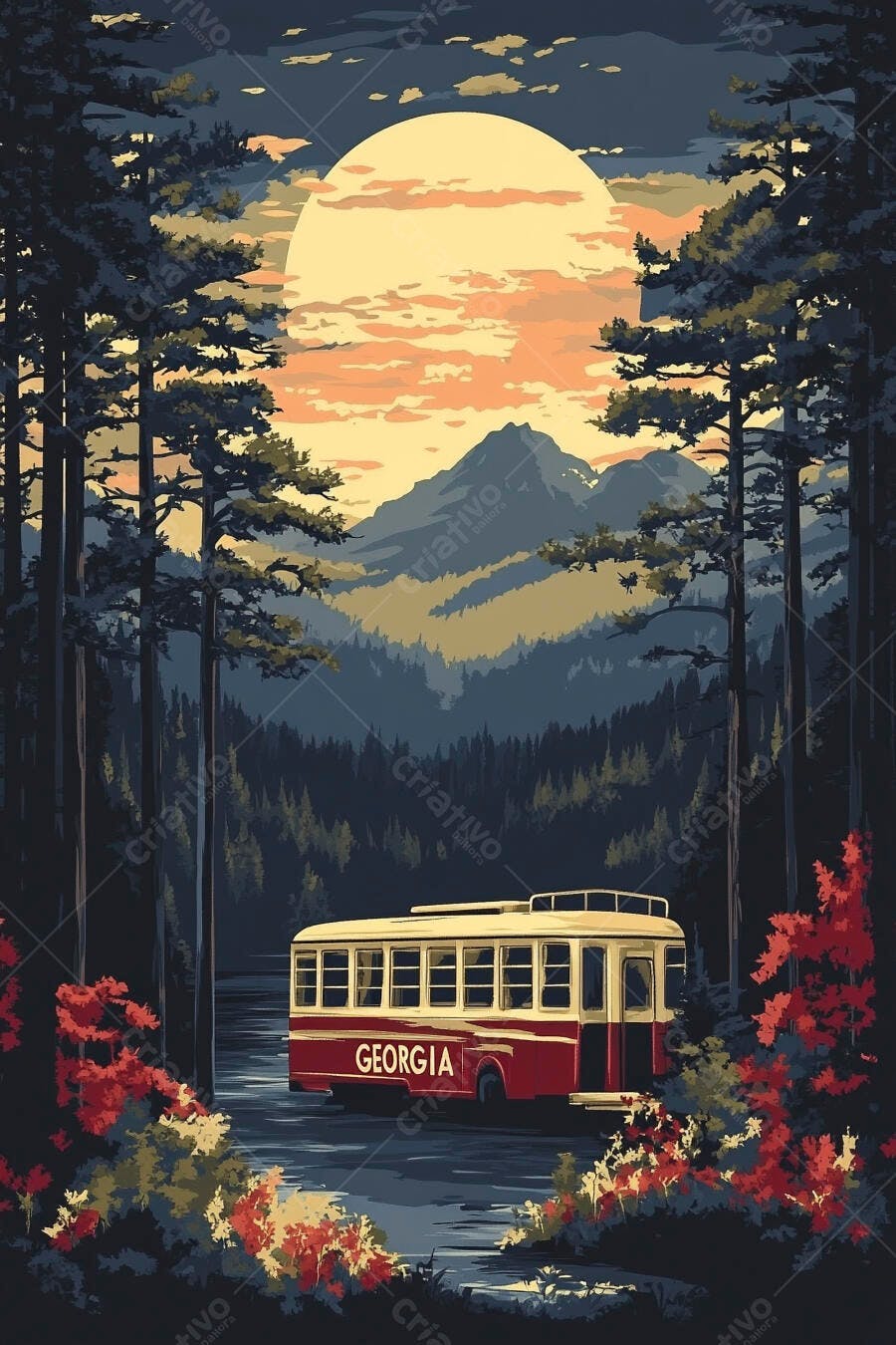 Ônibus vermelho "Geórgia" em floresta com montanhas pôr do sol