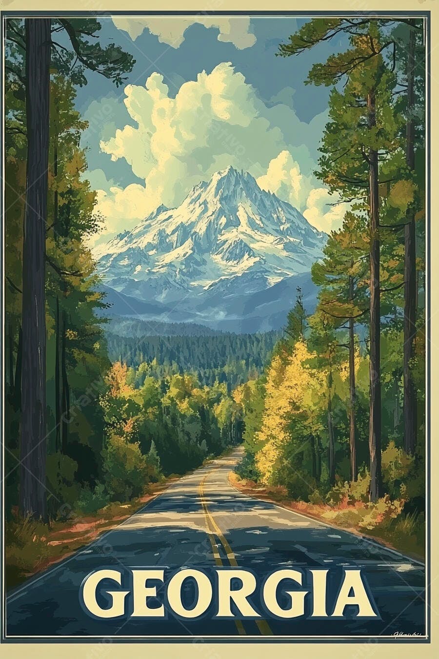 Cartaz vintage Geórgia estrada montanhosa floresta densa pico nevado