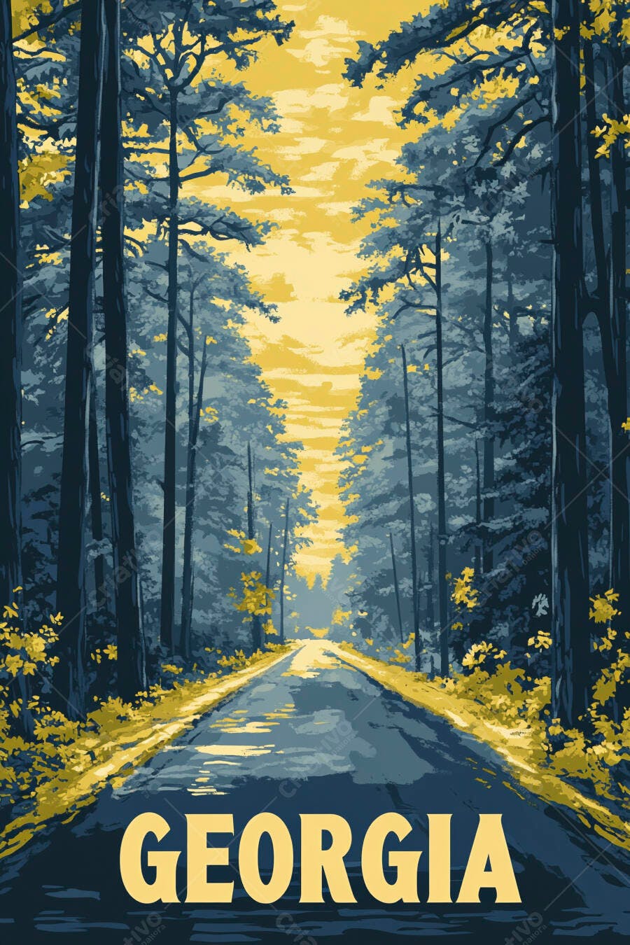Paisagem Georgia estrada floresta ensolarada ilustração azul e amarela