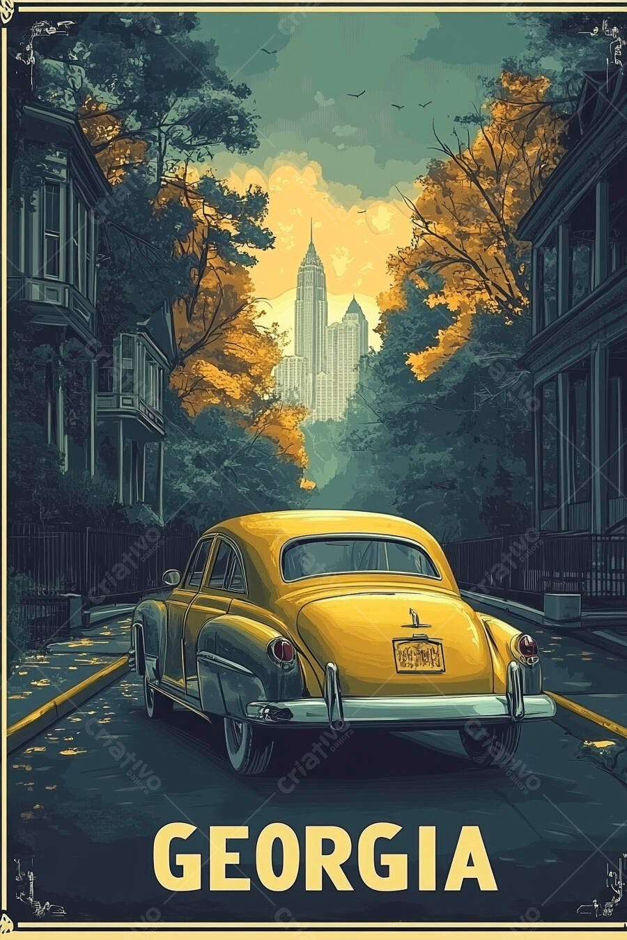 Pôster vintage carro amarelo rua outono skyline Georgia