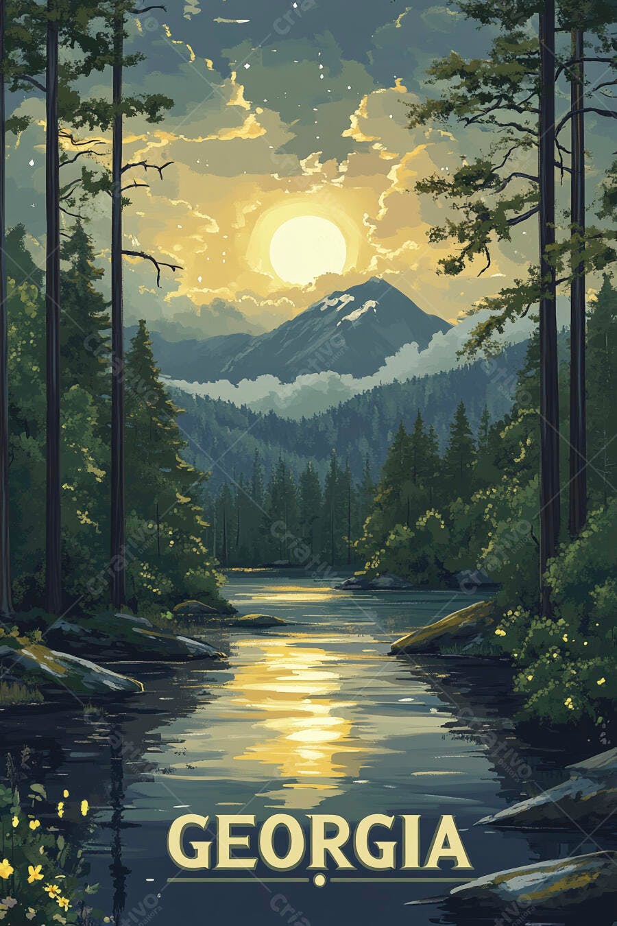 Paisagem fluvial Georgia com floresta montanhas e sol brilhante