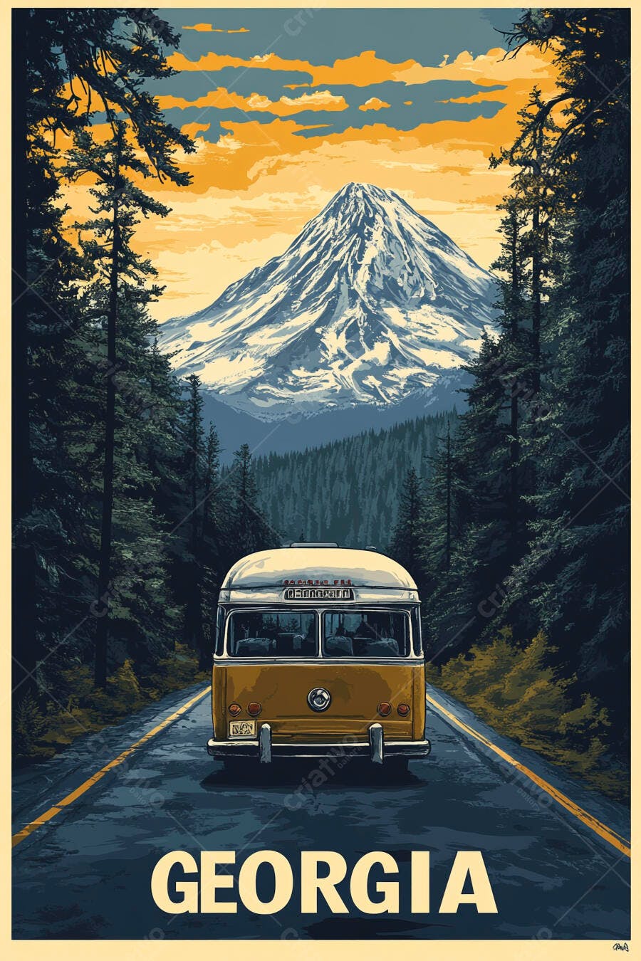 Ônibus vintage amarelo na estrada montanhosa da Geórgia com pico nevado e céu laranja