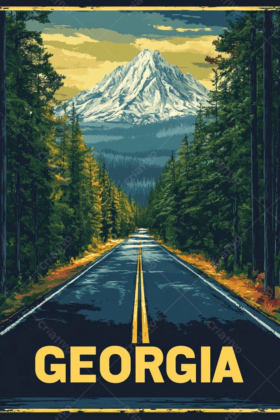 Estrada cênica na Geórgia com montanha nevada e floresta de pinheiros ilustração