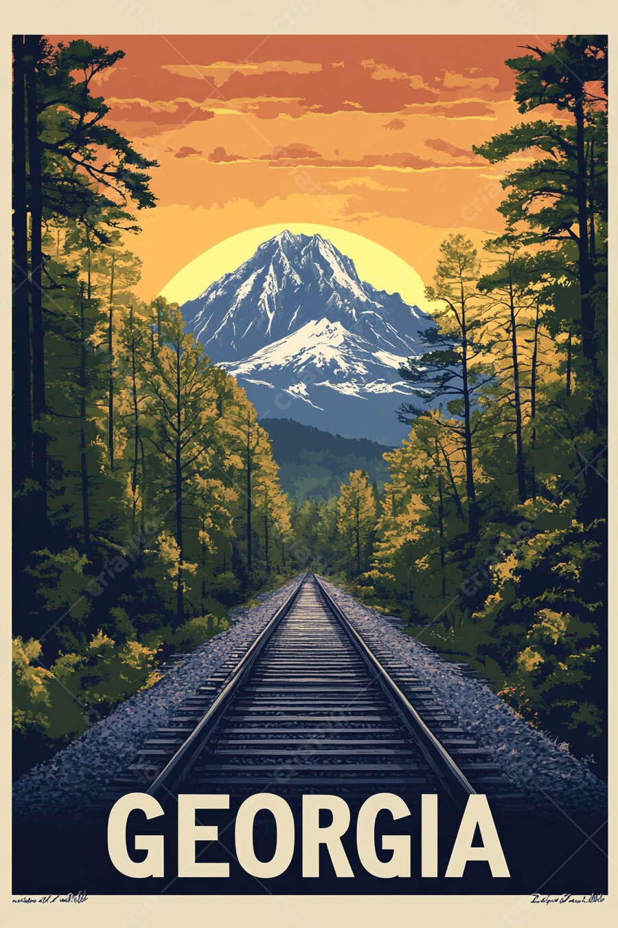 Ilustração paisagem montanhosa Georgia trilhos trem sol laranja