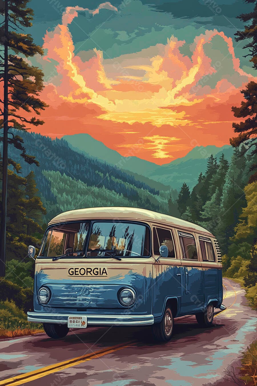 Kombi vintage azul e bege em estrada montanhosa ao pôr do sol na Geórgia