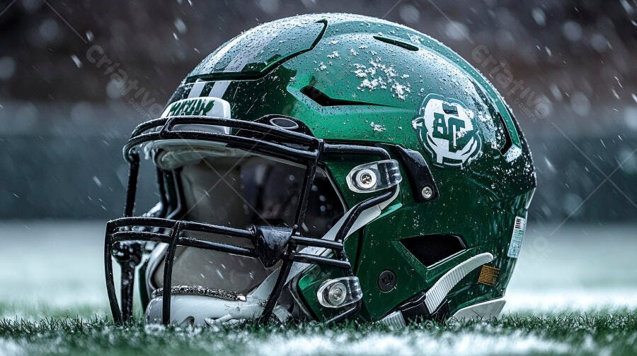 Capacete de futebol americano verde escuro em campo nevado dia de inverno