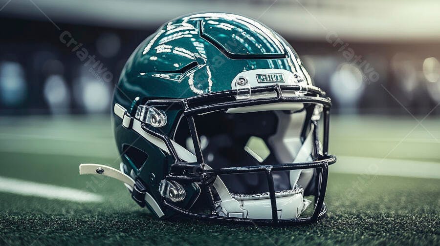 Capacete de futebol americano verde escuro em campo de grama sintética