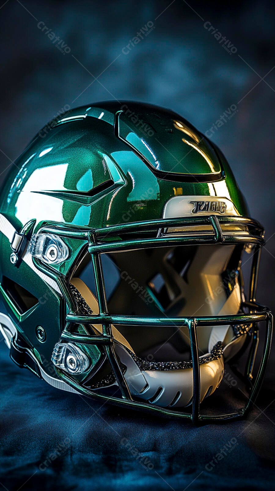 Capacete futebol americano verde metálico brilhante em fundo escuro
