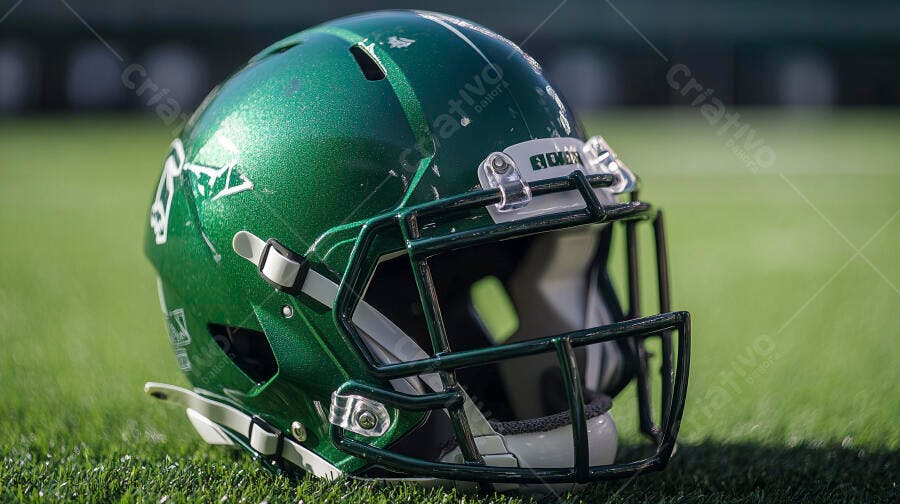 Capacete de futebol americano verde escuro na grama do campo