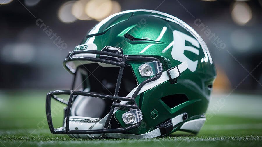 Capacete de futebol americano verde metalizado em campo de grama artificial