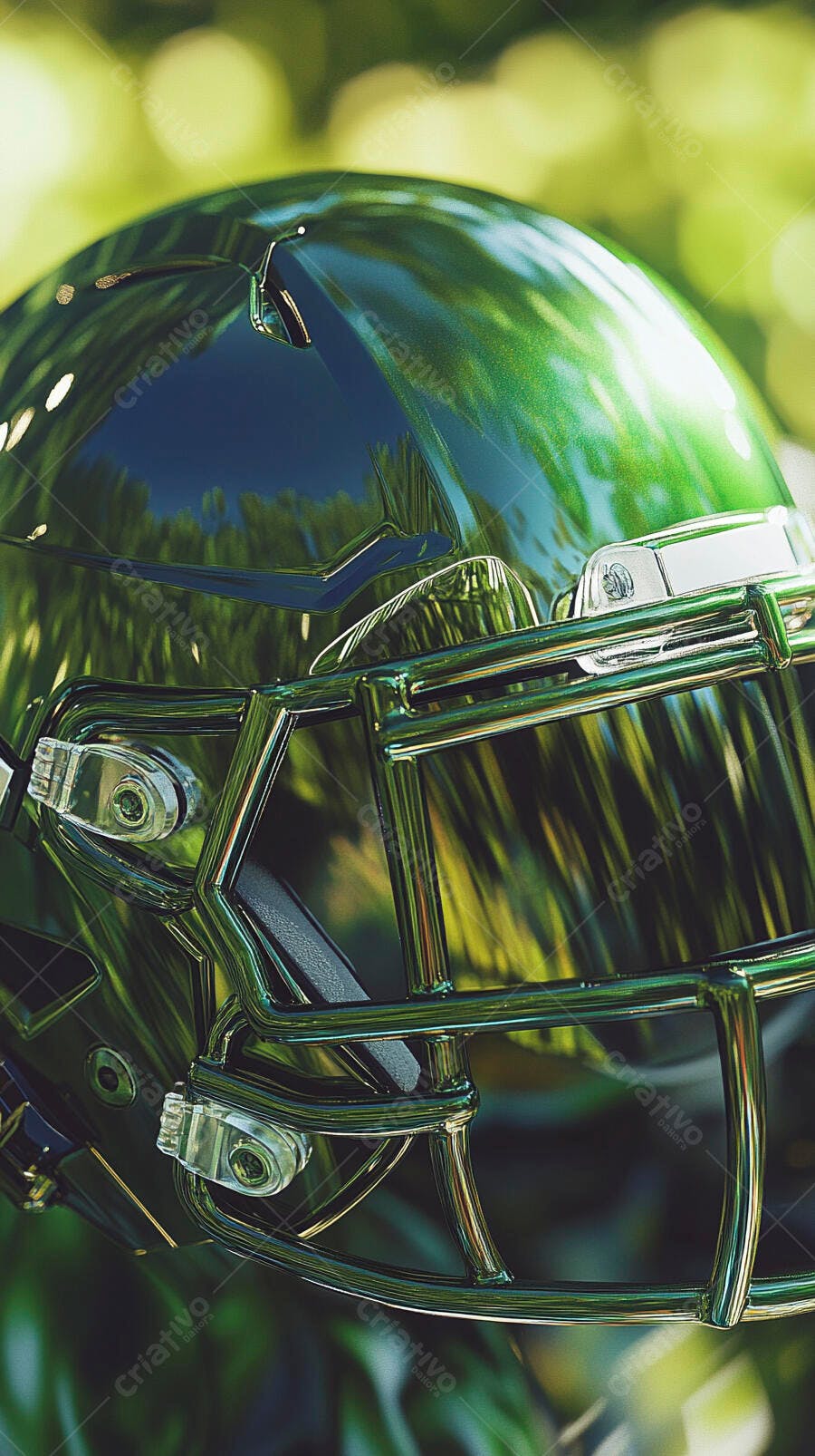 Capacete de futebol americano verde metálico em campo gramado reflexivo