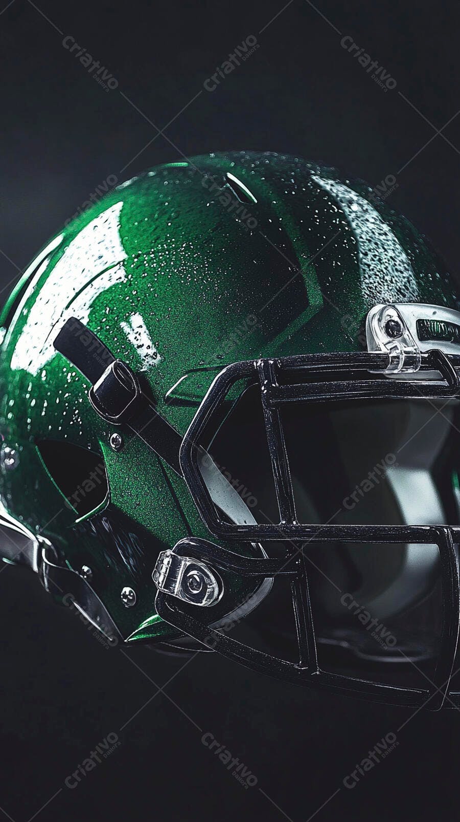 Capacete verde de futebol americano molhado em fundo escuro pronto para jogo