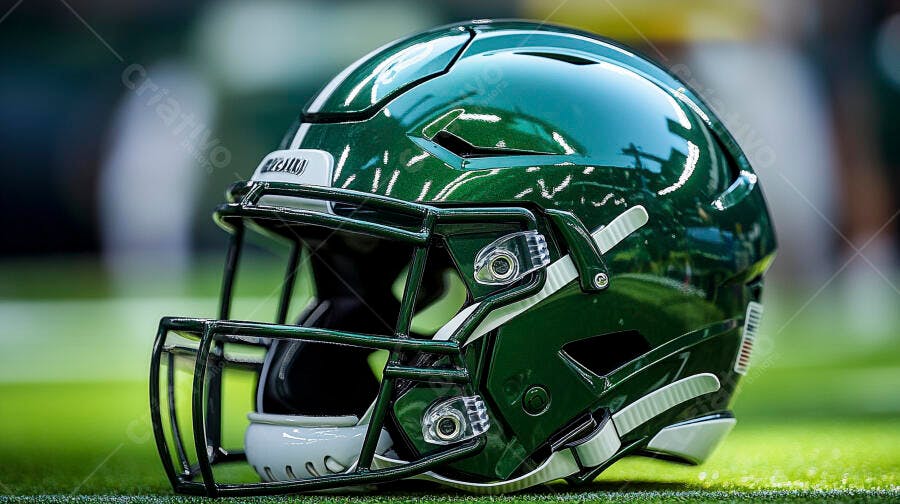 Capacete de futebol americano verde escuro e branco em campo de grama