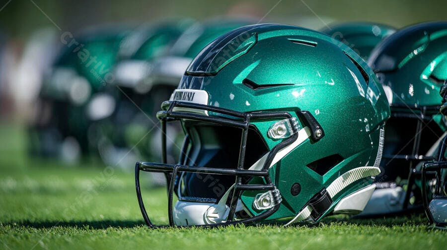 Capacetes de futebol americano verdes alinhados no campo gramado