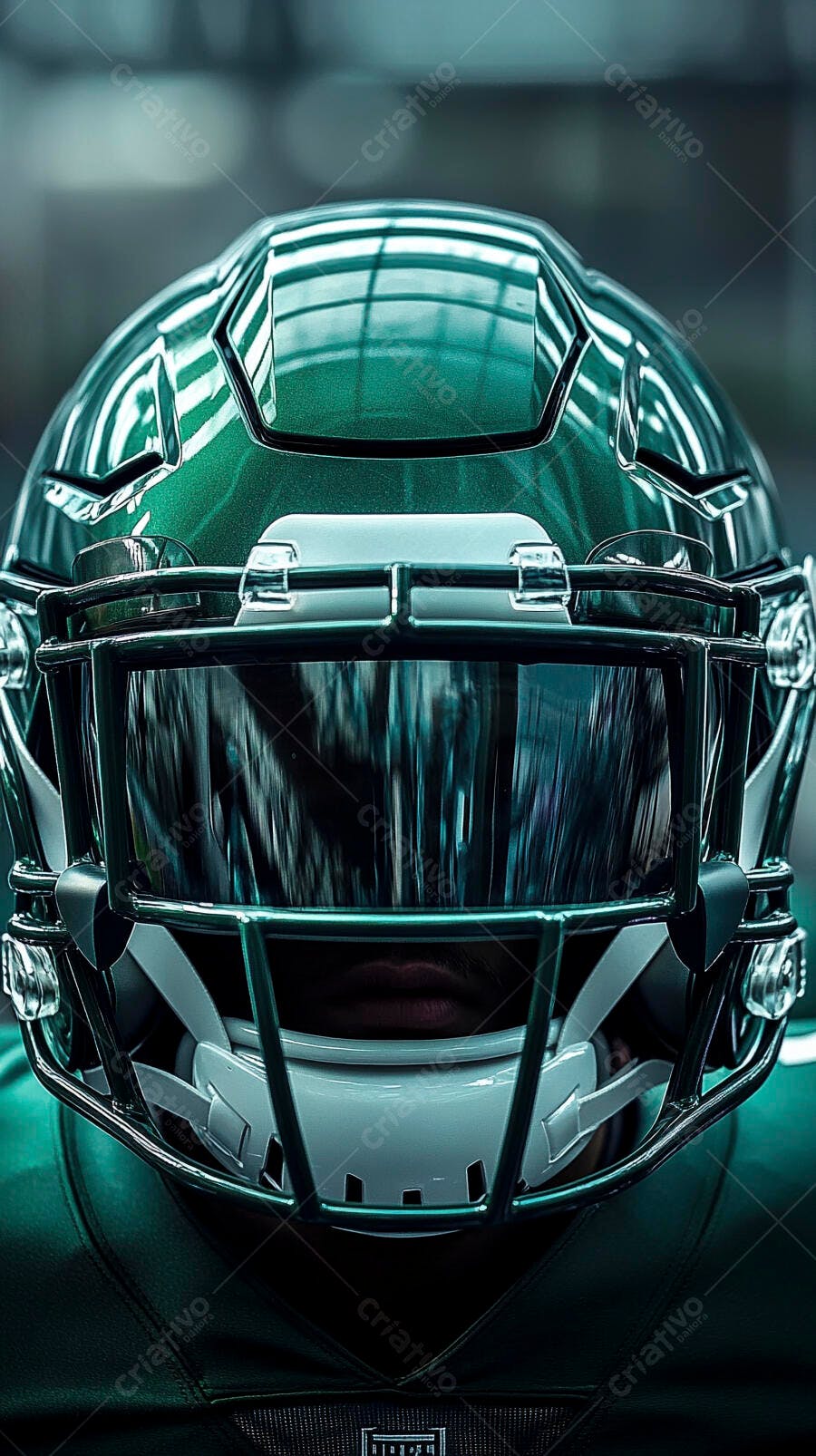 Jogador de futebol americano com capacete verde esmeralda em close-up