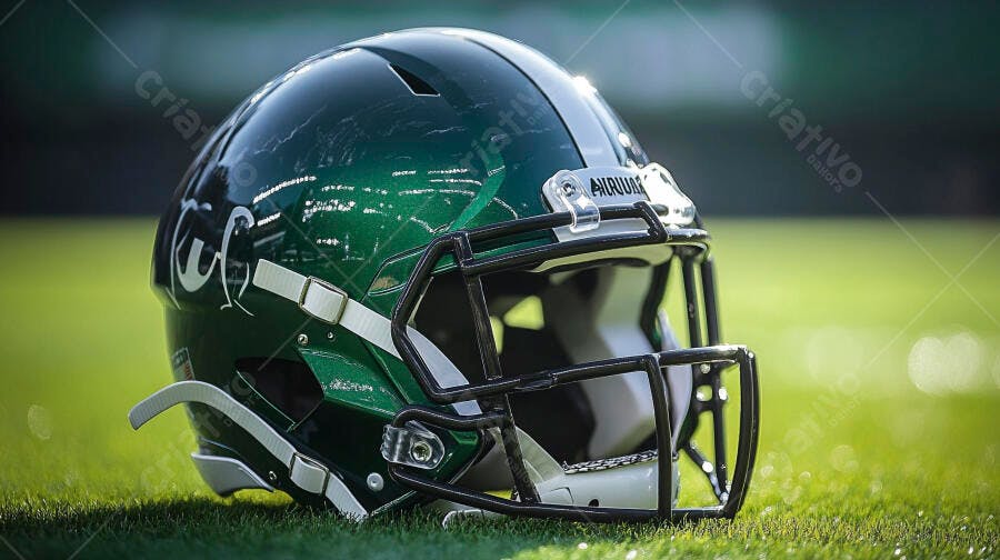Capacete de futebol americano verde escuro em gramado de estádio iluminado