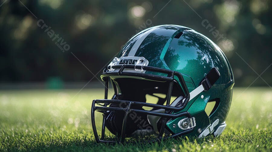 Capacete de futebol americano verde escuro metálico na grama do campo