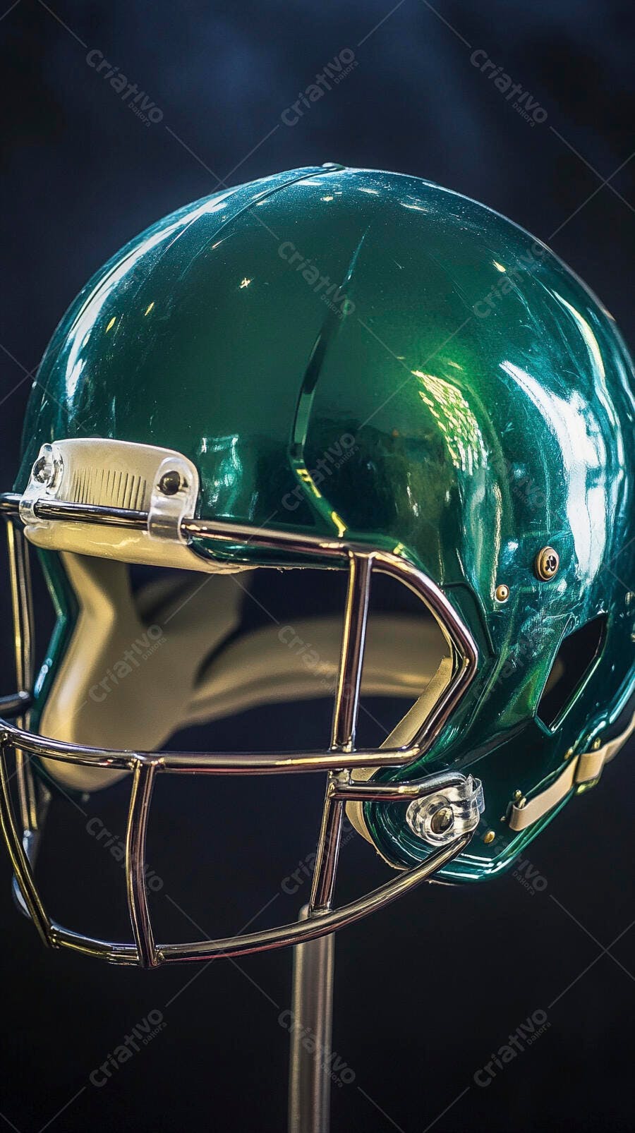 Capacete de futebol americano verde escuro metálico com visor cromado em estúdio