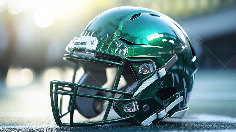 Capacete de futebol americano verde metálico em campo esportivo