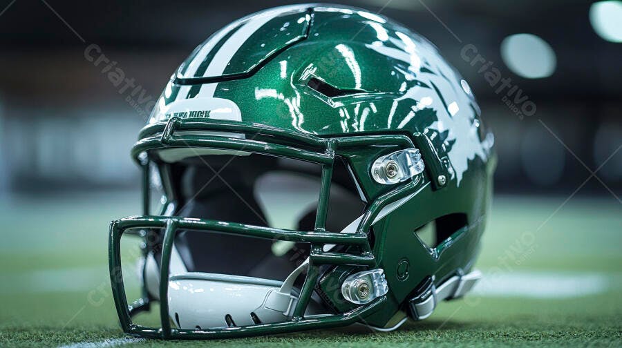 Capacete de futebol americano verde metálico em campo gramado